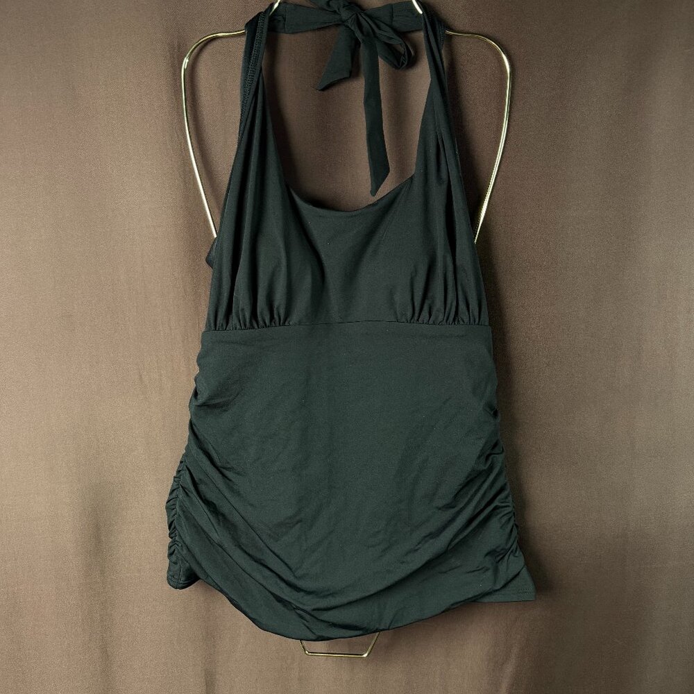 Lands' End Women's 8, 2 LONG Black Squareneck Halter Tankini Ruched Swimsuit Top